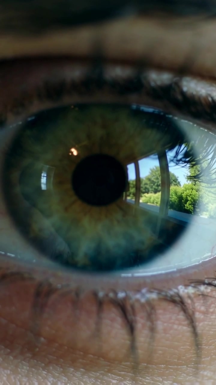 Video verticale: Occhio umano vicino a una finestra che reagisce alla luce del sole, sbatte le palpebre e sposta lo sguardo con un riflesso.