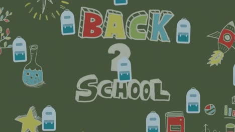 animation of repeated schoolbags moving over back to school text and doodles on green chalkboard