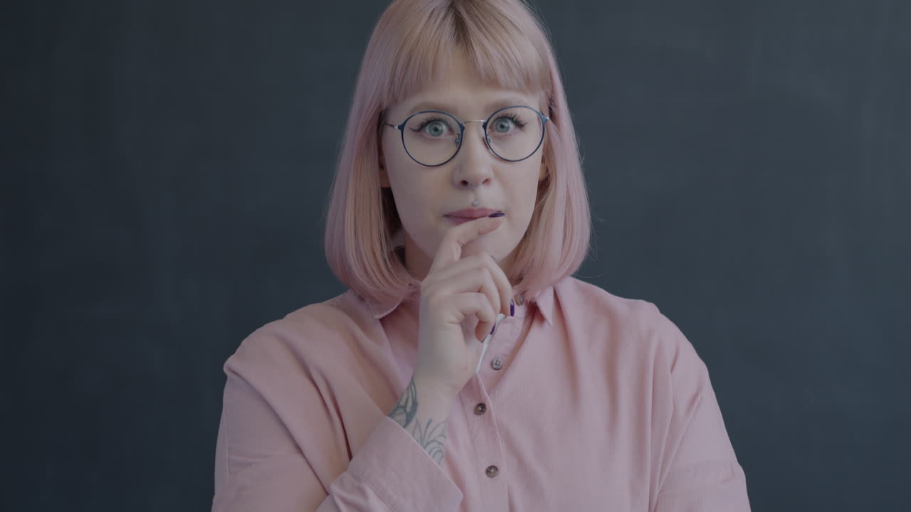 Woman with Pink Hair and Glasses, Surprised or Thinking Expression