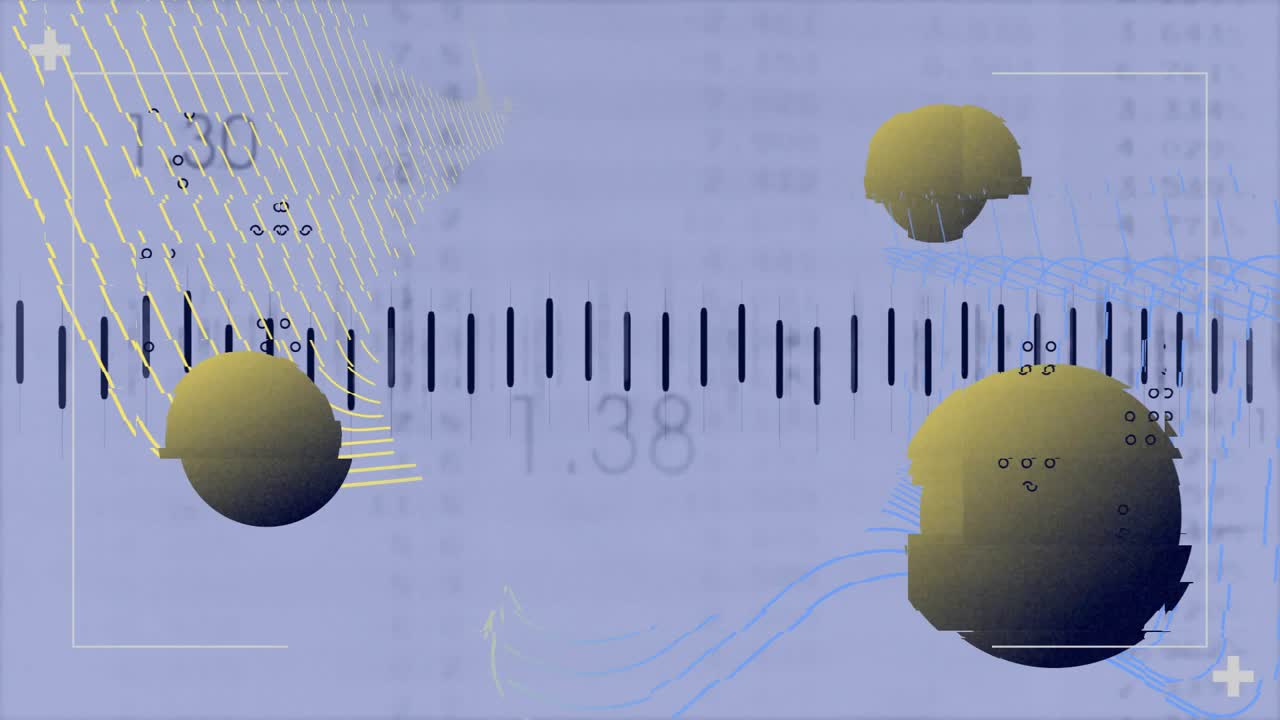 Gul kurve svejfer, bånd spreder sig, kugler toner ud, mærker morpher til bølgeform, der visualiserer data.