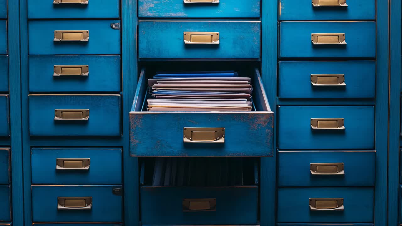 Vintage Blue Filing Cabinet with Open Drawer