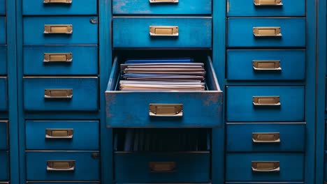 vintage blue filing cabinet with open drawer
