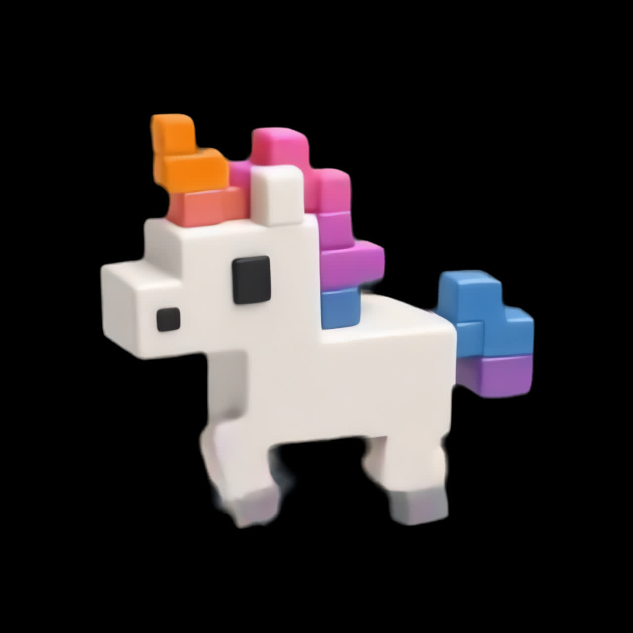Colorful pixelated unicorn toy animation isolated asset, transparent 4K video, alpha channel, ProRes