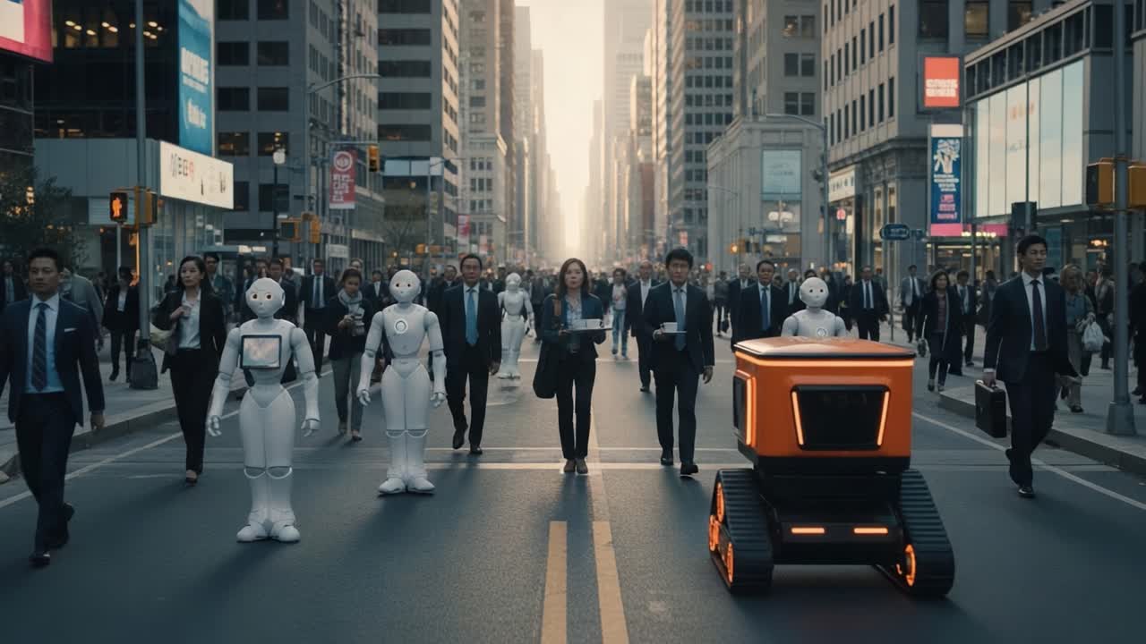 An urban scene showcasing the future of technology, where robots and humans coexist in a bustling city environment, transforming the landscape of everyday life.