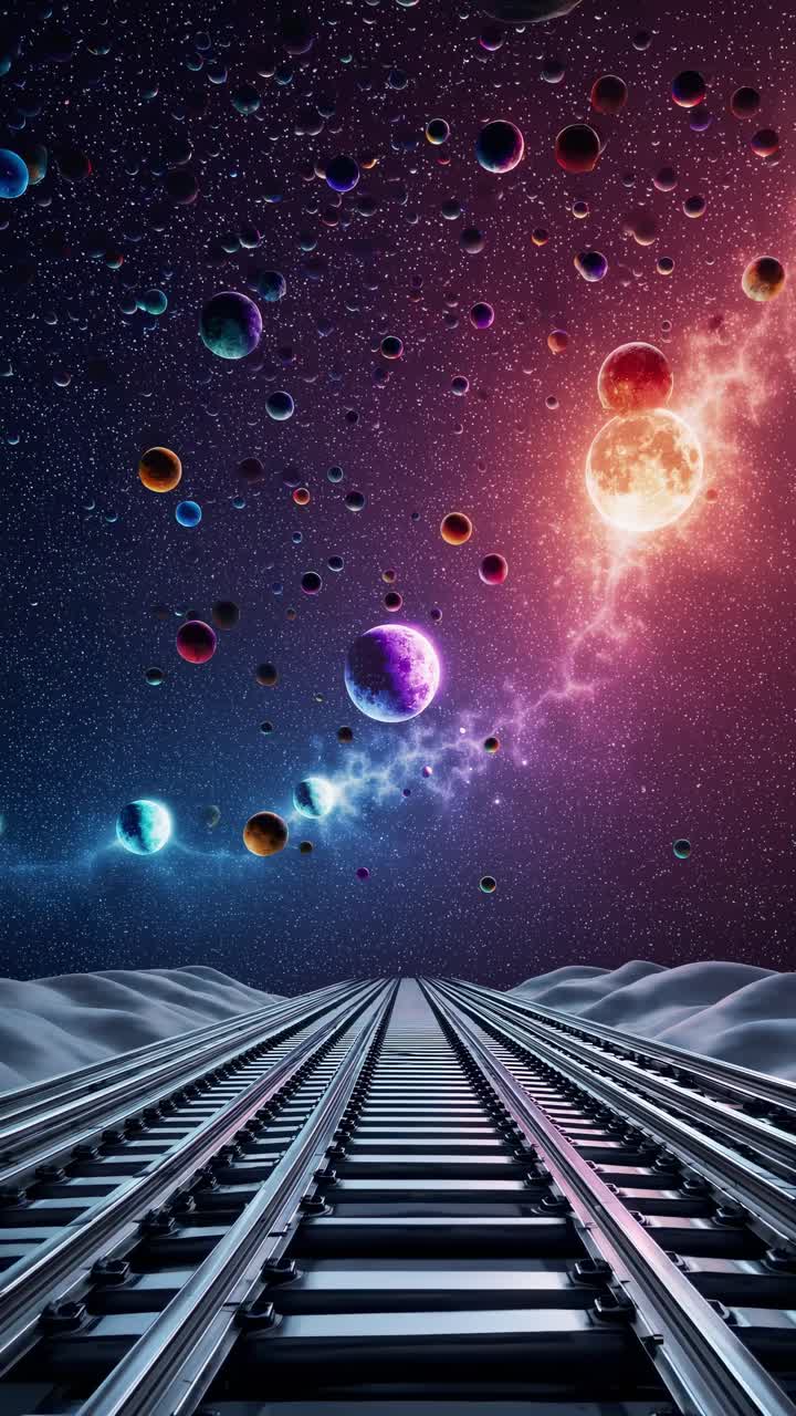 Surreal video concept with a low-angle view of train tracks leading into a cosmic sky filled