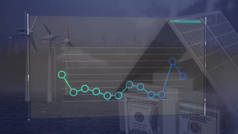 animación de gráficos sobre billetes de 100 dólares paquete, paneles solares y molinos de viento en la tierra