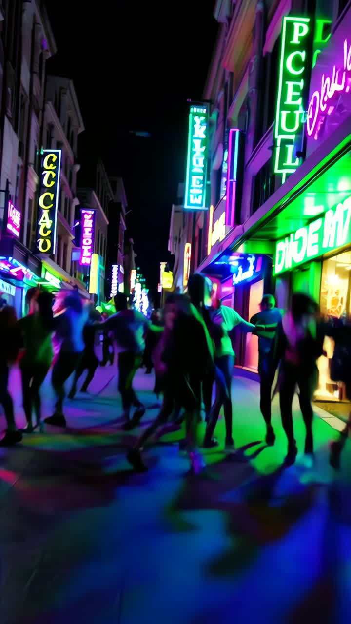 People Dancing in a Vibrant Neon-Lit Street at Night
