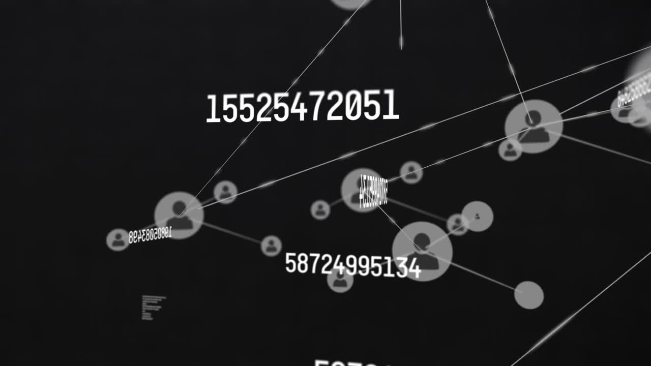 animación de la red de conexiones con iconos y procesamiento de datos