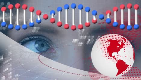 animación de cadena de adn, procesamiento de datos y globo sobre los ojos de una mujer caucásica