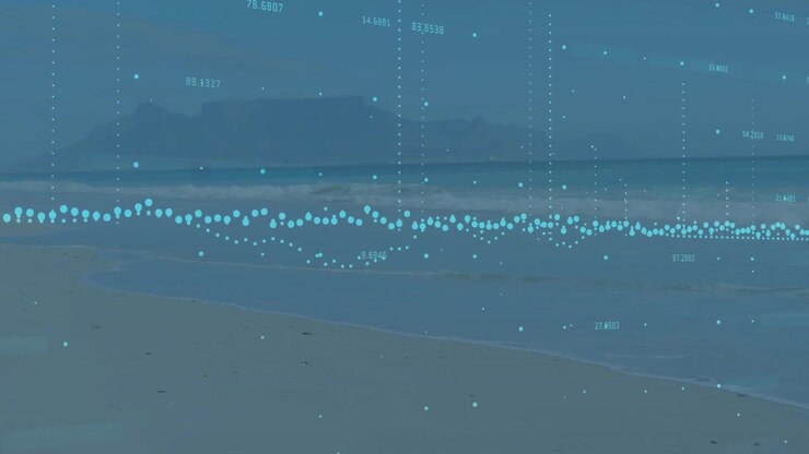 Turquoise dots materializing above waterline evolving into waveform with grid showing live data