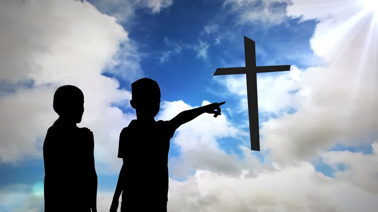 구름 과 십자가 위 에 있는 형제 자매 의 실루 ⁇  의 애니메이션