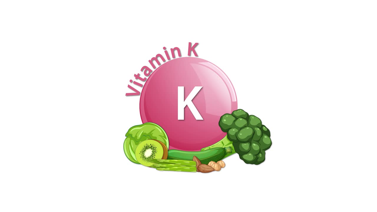 A pink Vitamin K tablet animates into view, accompanied by illustrated green vegetables including broccoli, zucchini, and lettuce, set against a clean white background