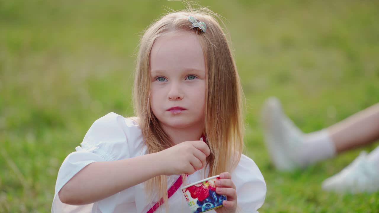 Child in park on grass. Little child relaxing sitting on grass in park