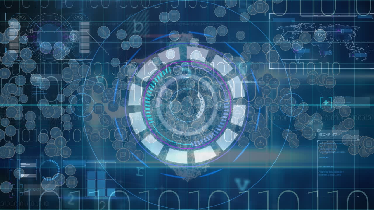 아이콘의 애니메이션, 스캔 및 다양한 데이터와 함께 디지털 화면을 통해 서클을 처리