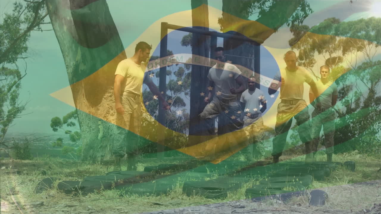 Training on obstacle course, soldiers with Brazilian flag animation outdoors