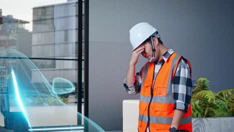 trabajador de la construcción estresado en un entorno de oficina de realidad aumentada