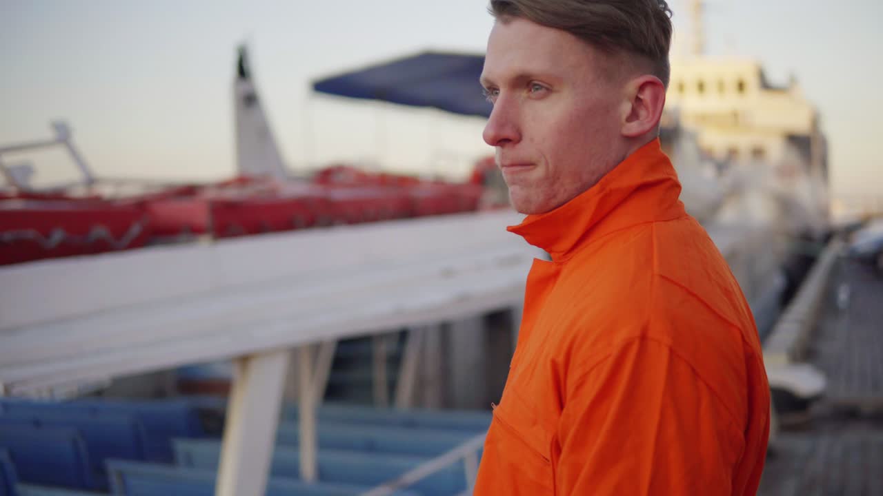 курительный работник логистической компании с сигаретой перед судами в гавани во время перерыва