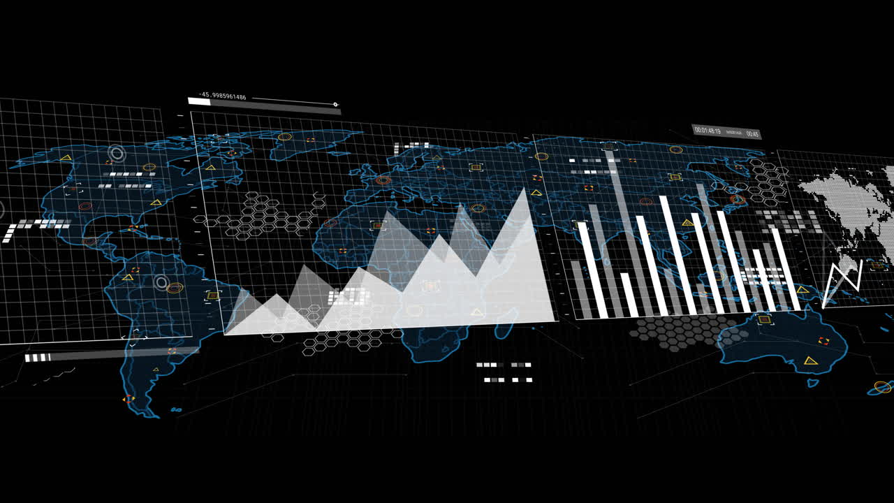 animación del procesamiento de datos financieros sobre el mapa del mundo