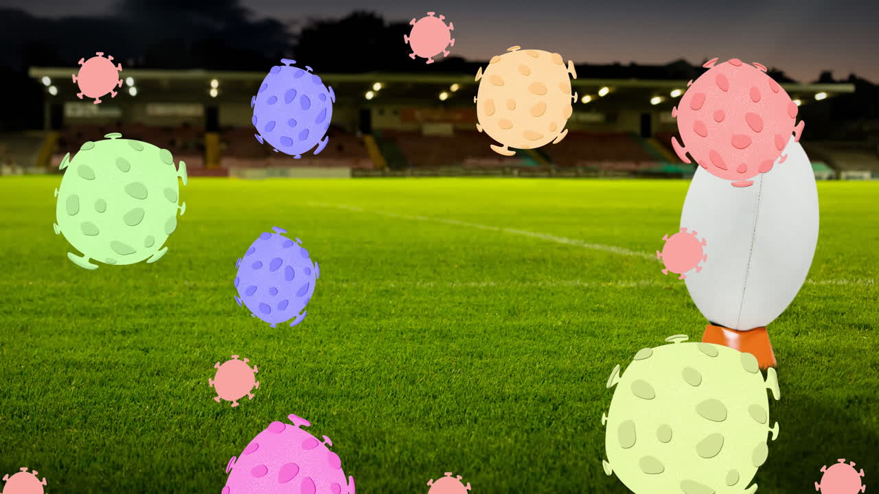 아메리칸 볼 공 위에 떨어지는 코로나19 세포의 애니메이션