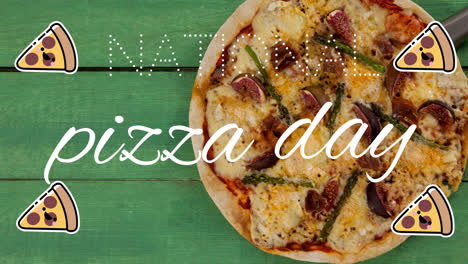 animación de iconos de pizza y texto del día nacional de la pizza sobre pizza fresca