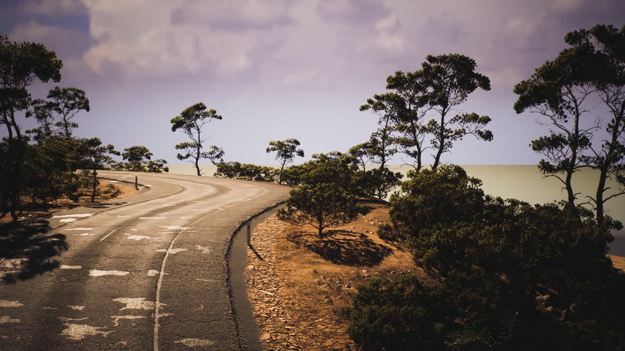 Scenic coastal road curves under a cloudy sky near the ocean