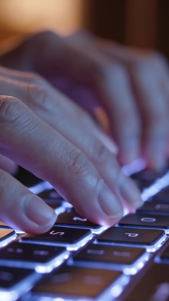 Vertical video: Typing hands hovering, tapping keys on LED laptop keyboard at desk composing email
