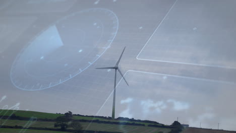 wind turbine being monitored in 3d render over farmland, showing hud gauge, grid lines and markers