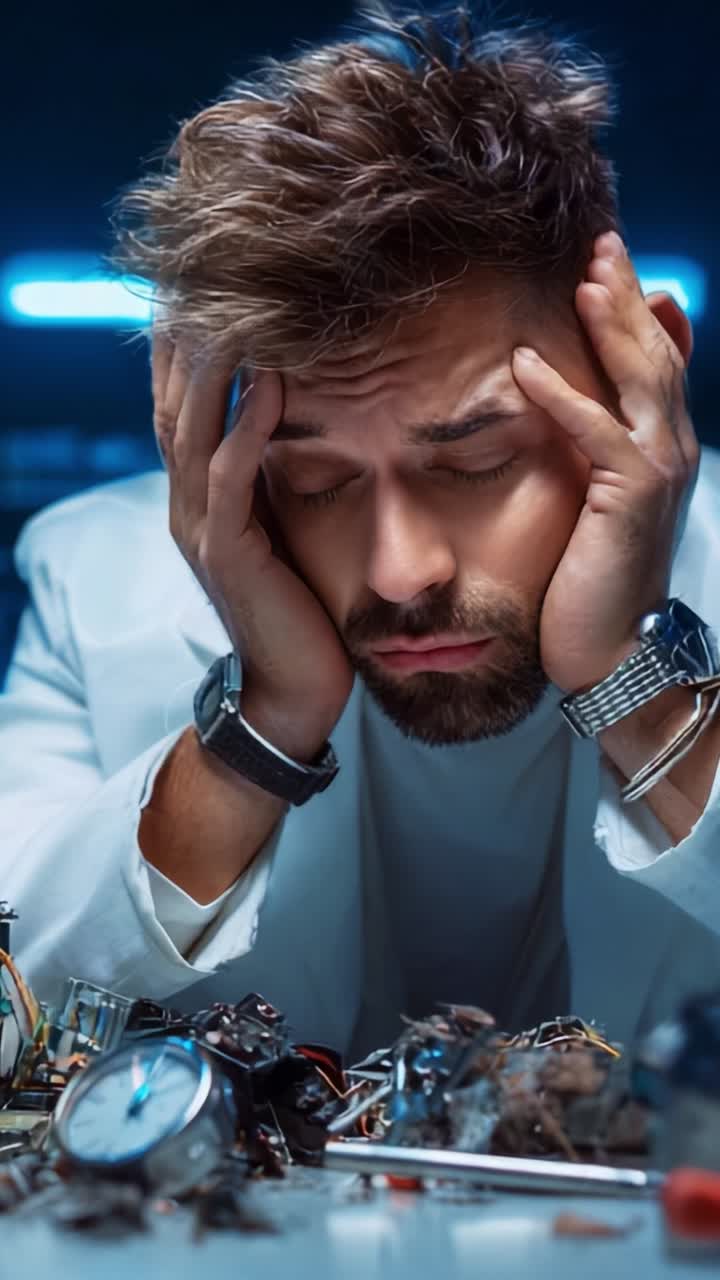 Frustrated individual in a lab, overwhelmed by disarray and clutter, searching for clarity amidst chaos in a high-tech environment with scattered materials