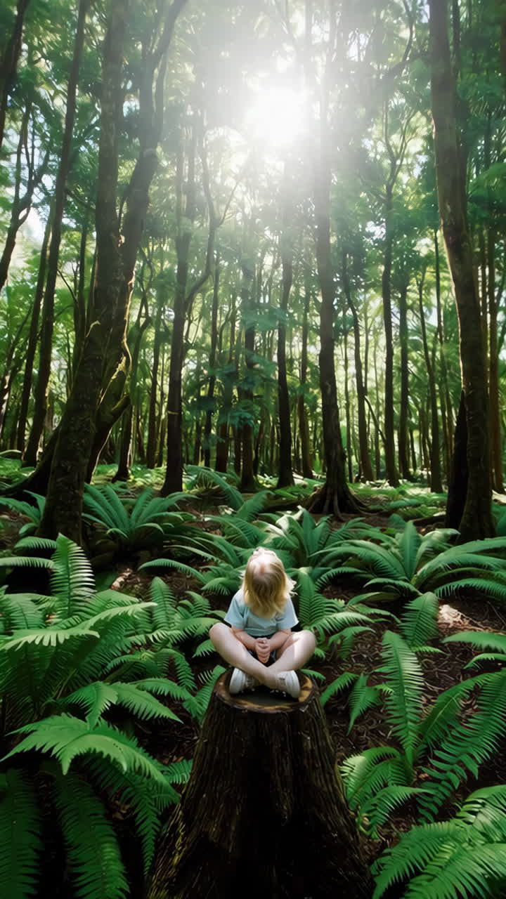 Young Child Looking Up in a Sunlit Forest