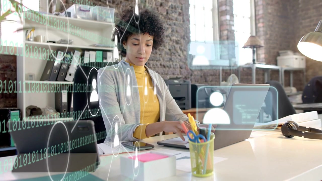 Woman typing laptop and touching desk, scrolling smartphone and managing AR user network panels
