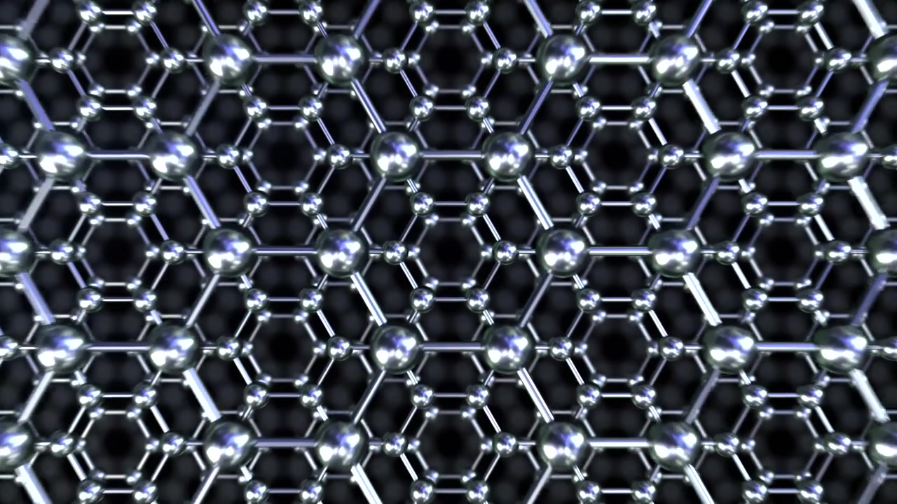 Graphene Tech Advanced Material Loop Pass through Chrome Straight. This zoom in nano technology looping 3D animation represents engineering at the molecular level. It can also be reversed to zoom out.
