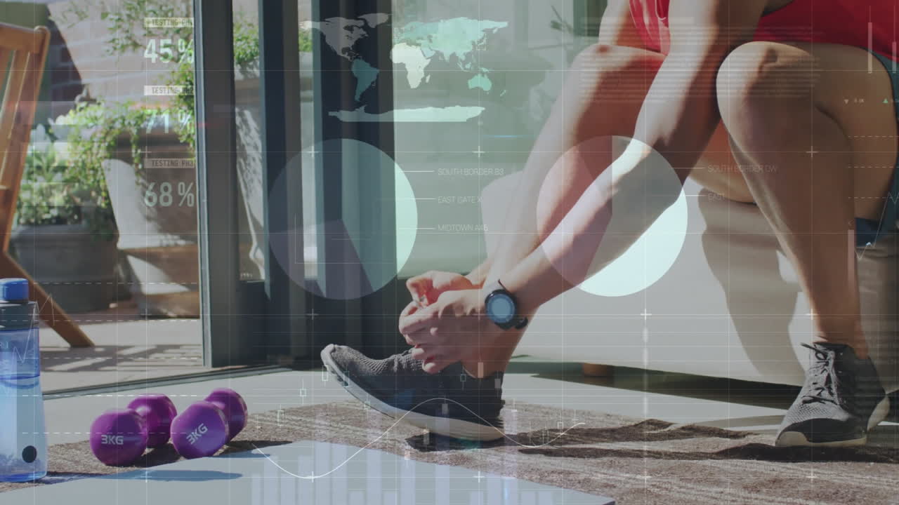 Person tying shoelaces with fitness data animation over exercise equipment at home