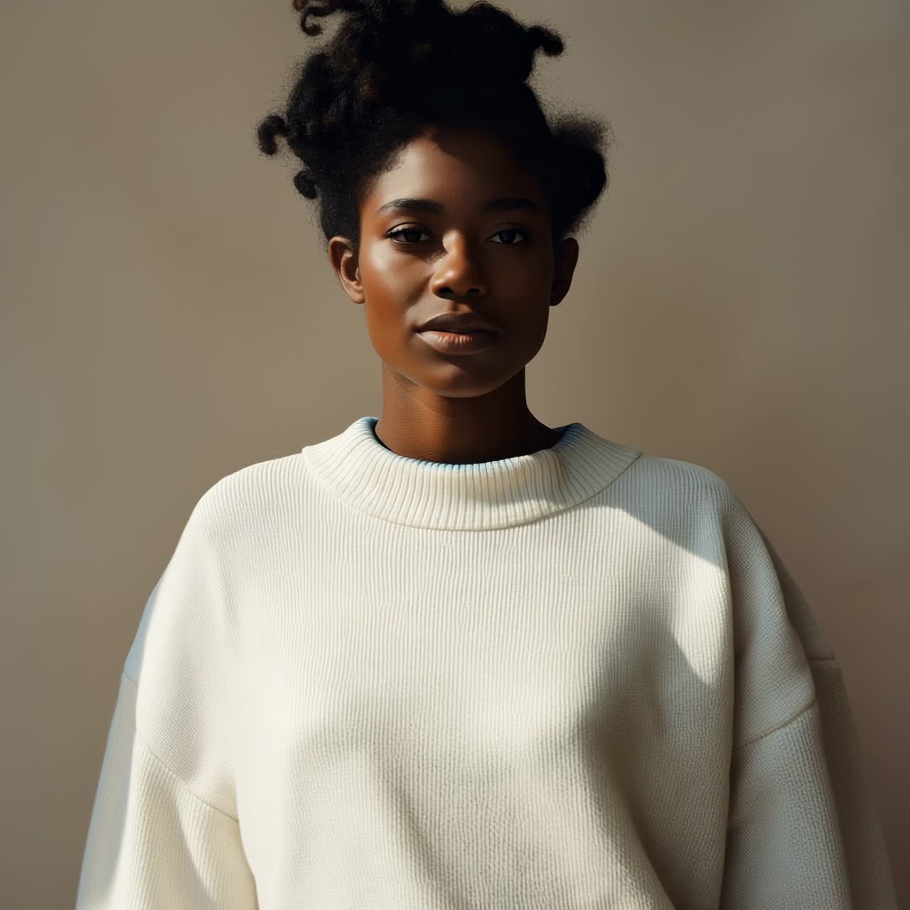 Profiloptagelse af en kvinde i minimalistisk stil, iført en hvid sweater