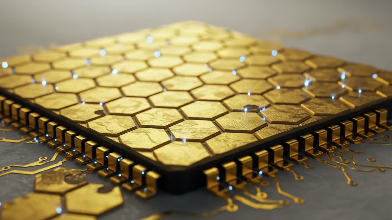 Intricate Hexagonal Microchip Design with Illuminated Circuit Patterns in a Striking Gold Finish, Showcasing Advanced Technology Components