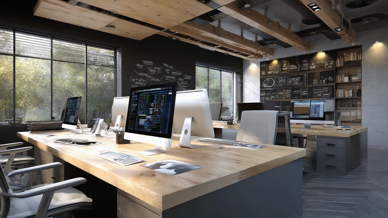 Modern Office Workspace with Stylish Design Featuring Wooden Desks, State-of-the-Art Computers, and Creative Wall Displays in a Bright, Open Environment