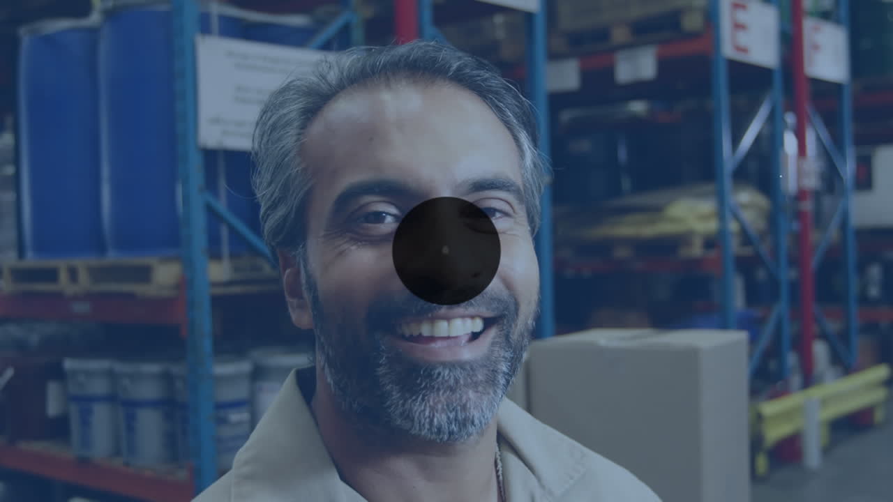 animación de iconos conectados sobre un hombre biracial sonriente de pie con los brazos cruzados en el almacén