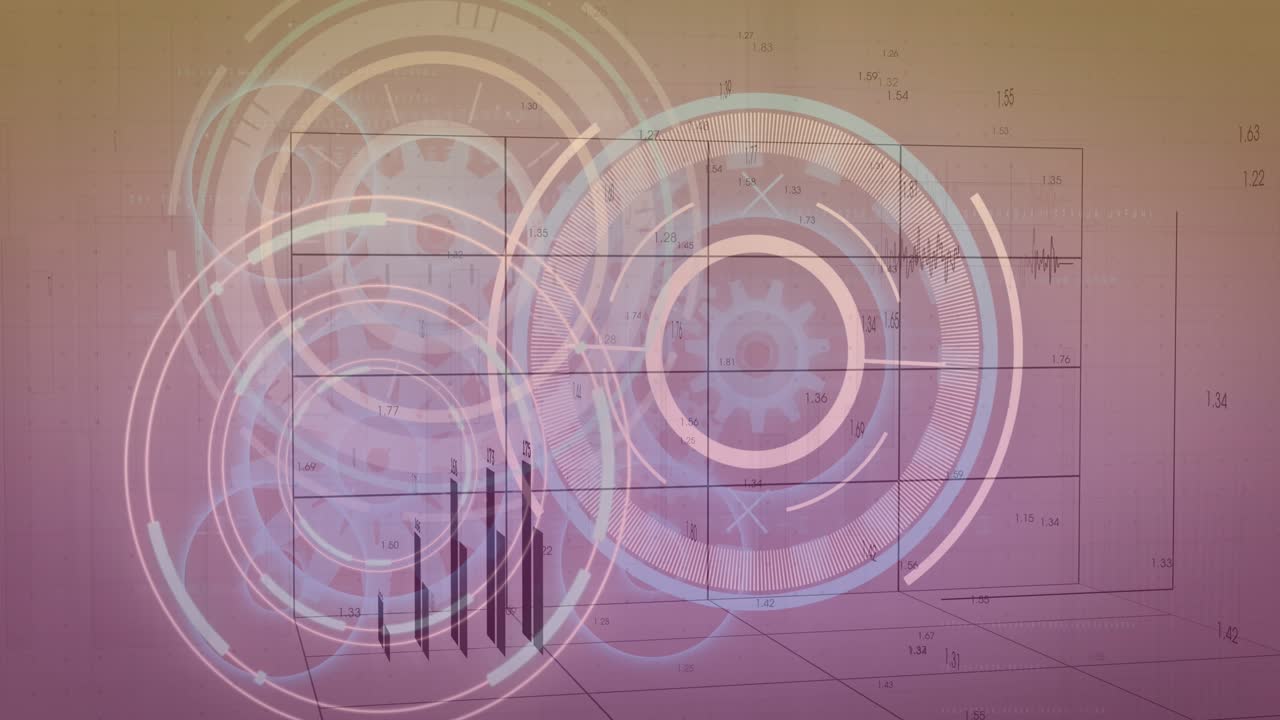 Animation of graphs with changing numbers over mechanical gears in circles on abstract background