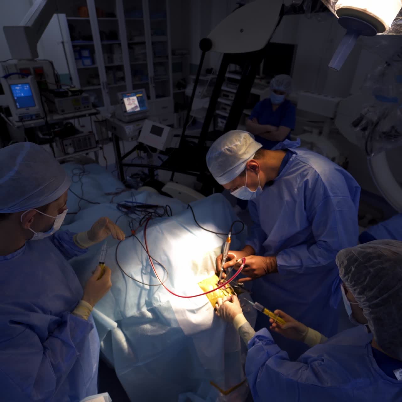 Cooperating surgical professionals performing operation. Large operational room with modern technological equipment. View from above