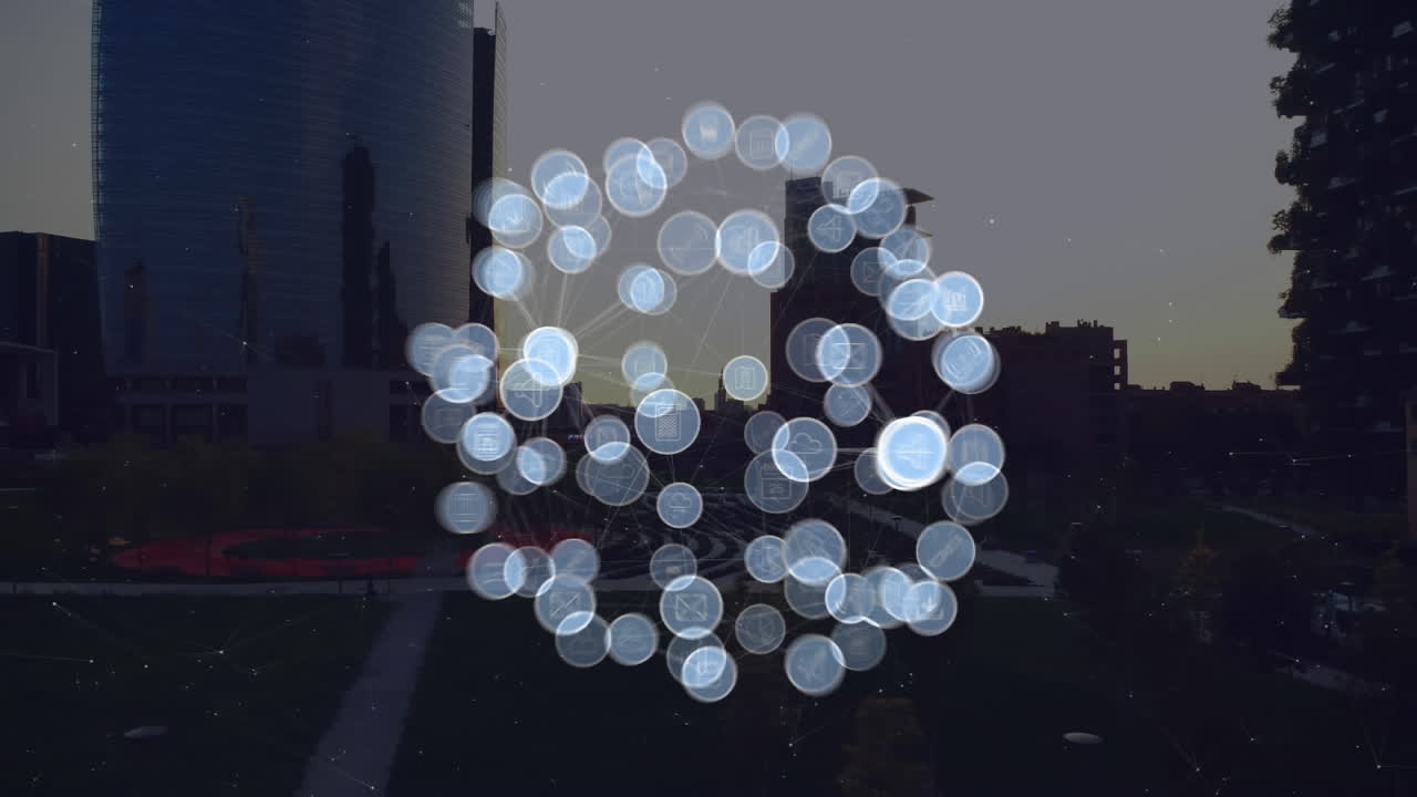 도시 풍경 위의 아이콘으로 연결된 네트워크의 애니메이션