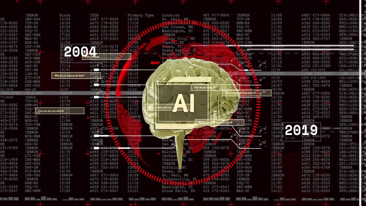 AI brain animation over digital data and world map
