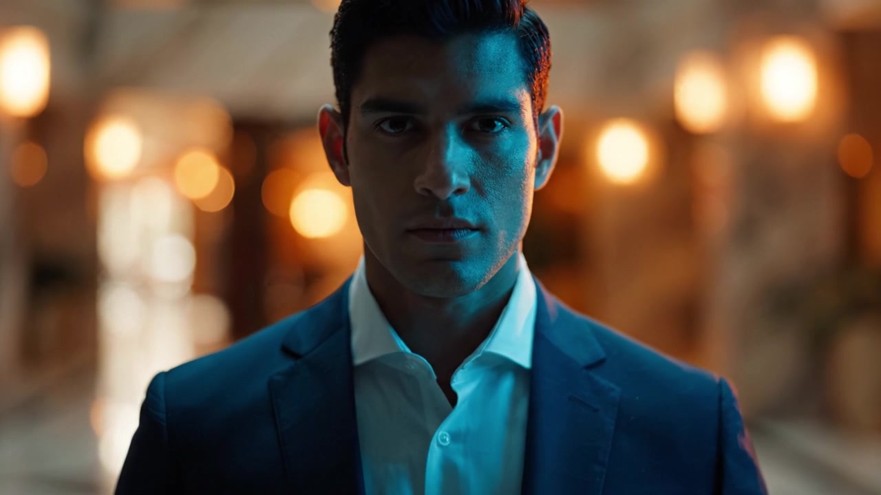 Un uomo sofisticato in abito formale fissa intensamente con uno sfondo drammatico di illuminazione soffusa e riflessi, evocando un'aria di mistero e intrigo.