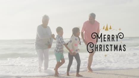 Animation-of-merry-christmas-over-happy-hispanic-grandparents-and-grandchildren-on-beach