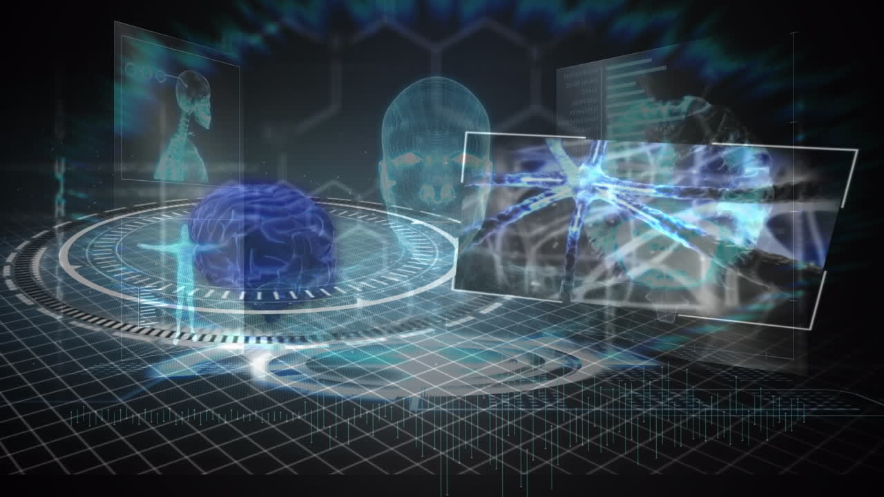 Animation of digital screens over scope scanning and digital brain