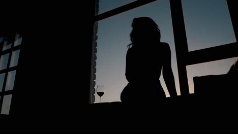 Silhouette-Eines-Mädchens,-Das-Neben-Einem-Weinglas-Auf-Der-Fensterbank-Sitzt