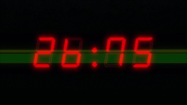A four digit 30 second digital clock countdown. Red digits on a black background with VHS type glitches and distortions. Retro digital alarm clock with glow and flashing