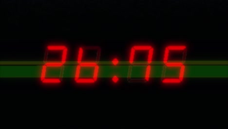 a four digit 30 second digital clock countdown. red digits on a black background with vhs type glitches and distortions. retro digital alarm clock with glow and flashing