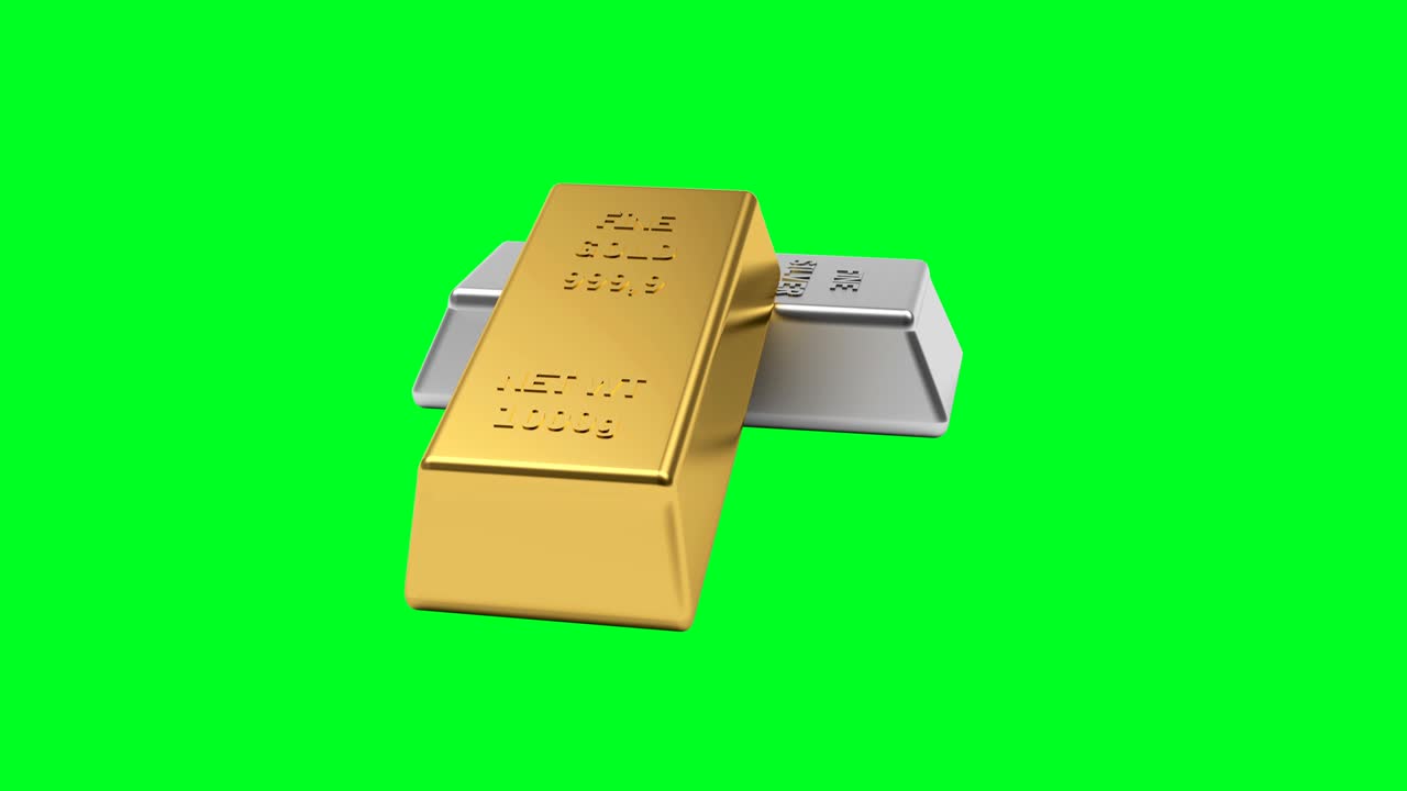Zlaté a stříbrné cihly rotují na zelené obrazovce ve 3D animaci. 4K.
