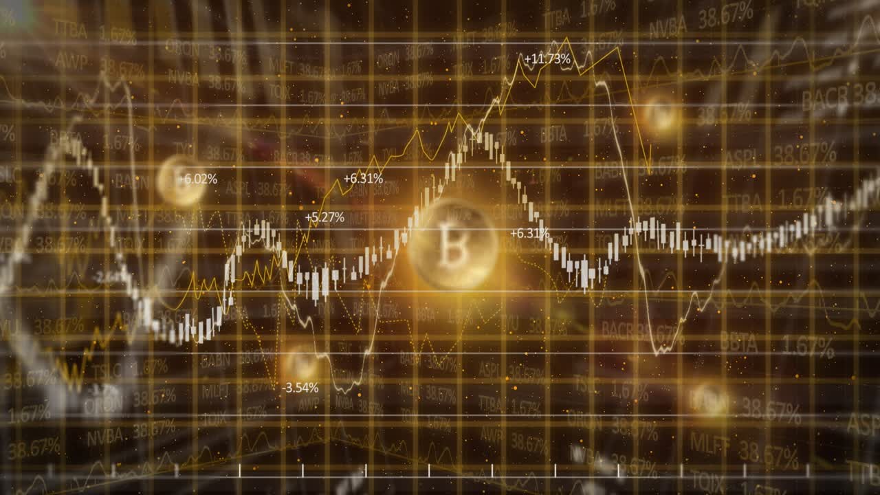 Animação de bitcoins sobre processamento de dados