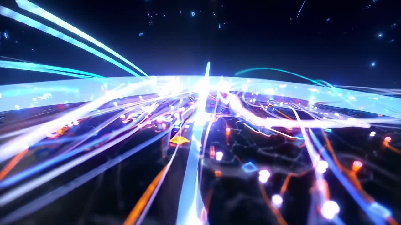 Concetto video futuristico con ripresa dal basso di linee digitali luminose e stelle.