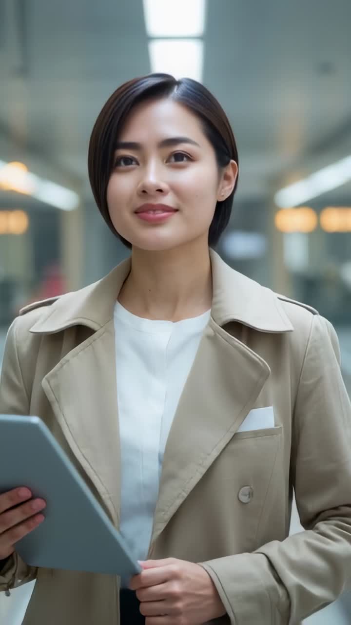 竖屏视频：一位亚裔女性在米色外套走廊里阅读平板电脑，抬头微笑